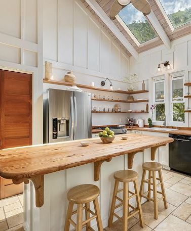 Kitchen with a wood island and open shelves